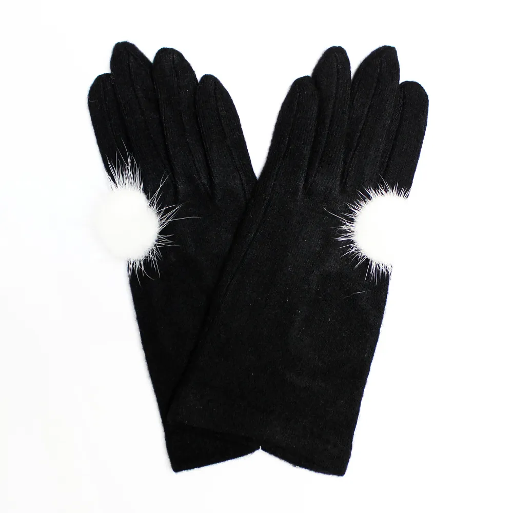 【蒂巴蕾】仕女手套 白貂毛球-觸控手套(保暖手套/騎車手套/搭配/旅行)