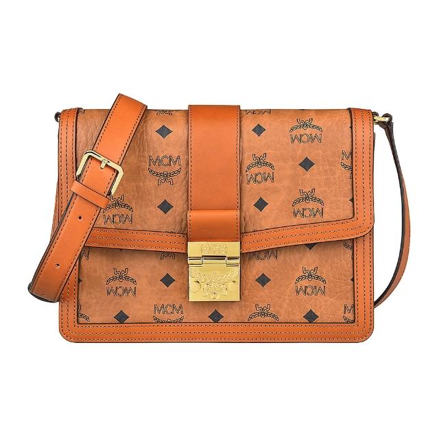 【MCM】MCM Tracy金字LOGO印花塗層帆布扣式斜背包(棕x橘)