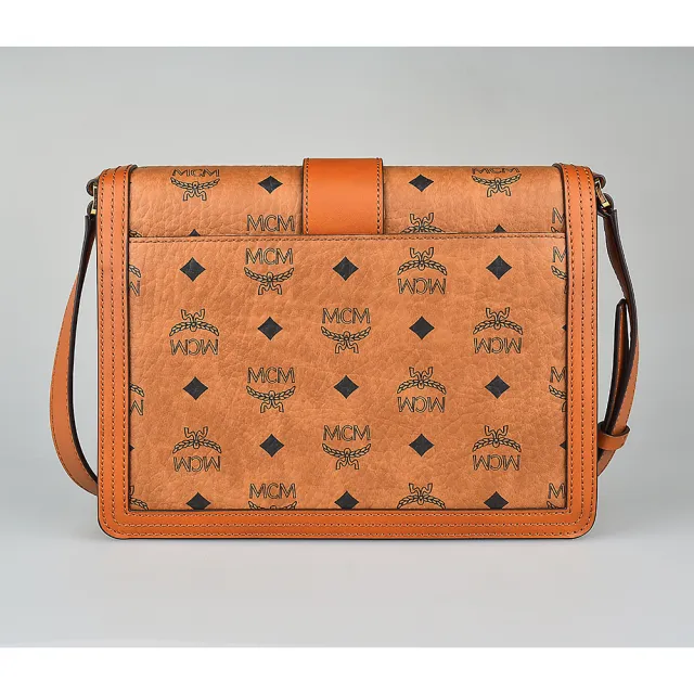 【MCM】MCM Tracy金字LOGO印花塗層帆布扣式斜背包(棕x橘)