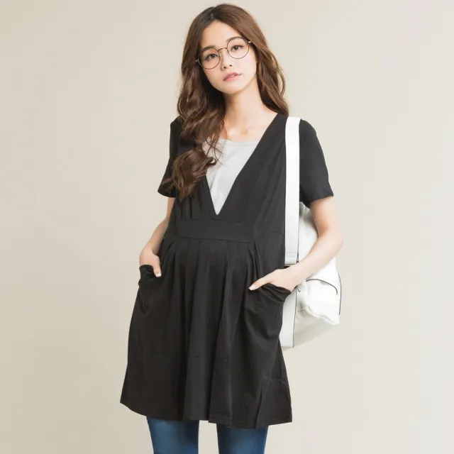 【Gennies 奇妮】V開襟長版哺乳上衣-桃紅/灰/黑/棕/紫(哺乳衣 短袖哺乳衣 下拉哺乳)