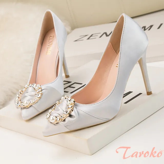 【Taroko】珍珠花環水鑽綢緞尖頭細高跟鞋(4色可選)