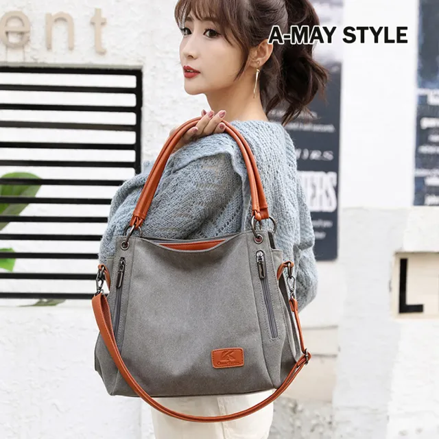 【Amay Style 艾美時尚】女包 側背包 簡約帆布大容量手提肩背包(5色.現貨+預購)
