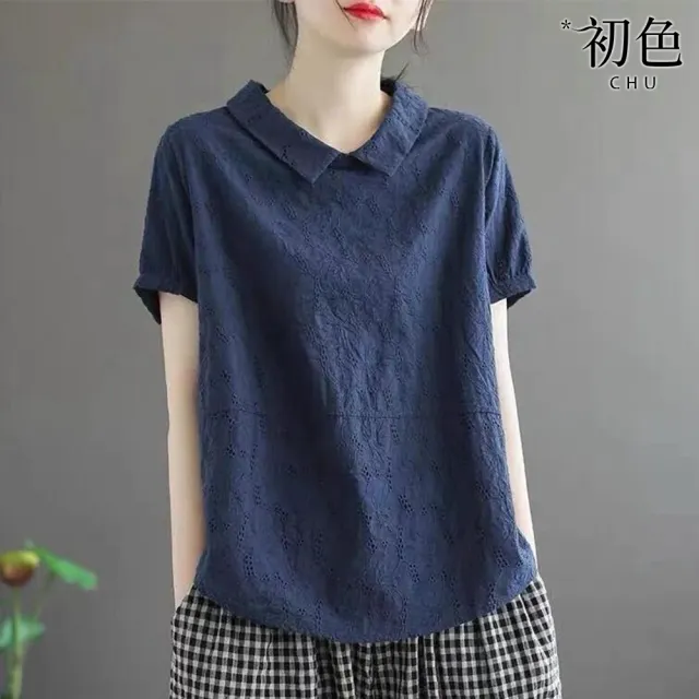 【初色】翻領寬鬆花紋素色短袖上衣-共4色-62638(M-2XL可選)