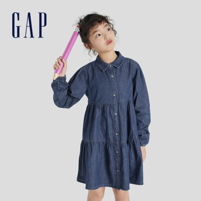 【GAP】女童裝 純棉翻領牛仔長袖洋裝-深藍色(810801)