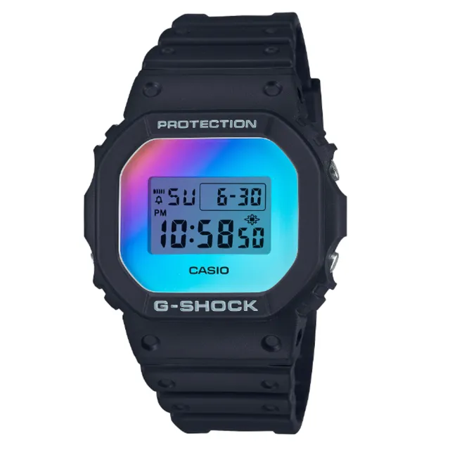 【CASIO 卡西歐】G-SHOCK 仲夏天空彩虹玻璃方形電子錶-黑(DW-5600SR-1)