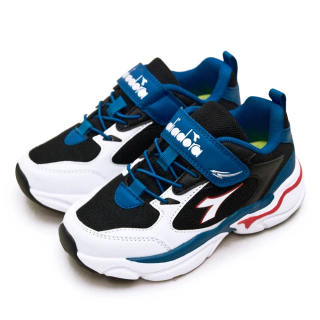 【DIADORA】中童 迪亞多那 19cm-23cm 輕量寬楦避震復古慢跑鞋 撞色潮流系列(白黑藍 11069)