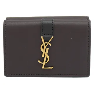 【YSL】金屬字母LOGO小牛皮雙面三折雙面零錢短夾(深棕)