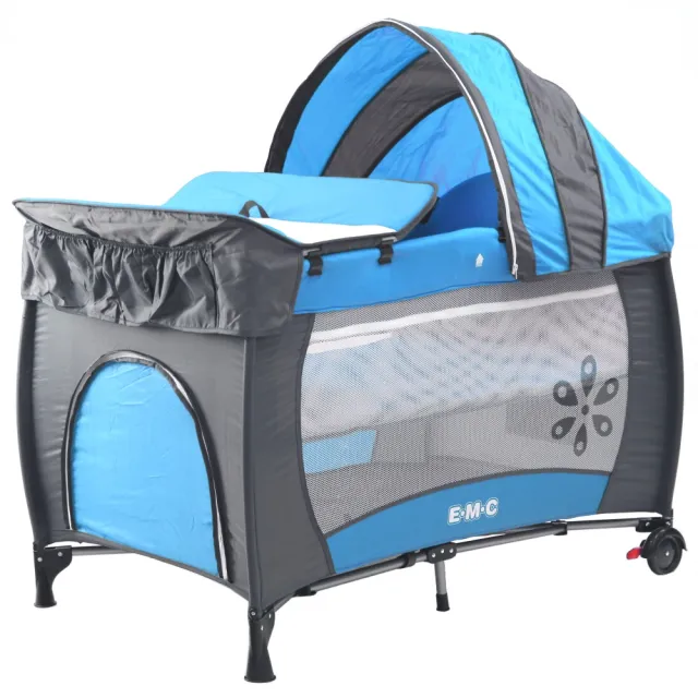 【EMC】雙層安全嬰兒床平安藍-具遊戲功能(附贈尿布台、遮光罩與蚊帳)
