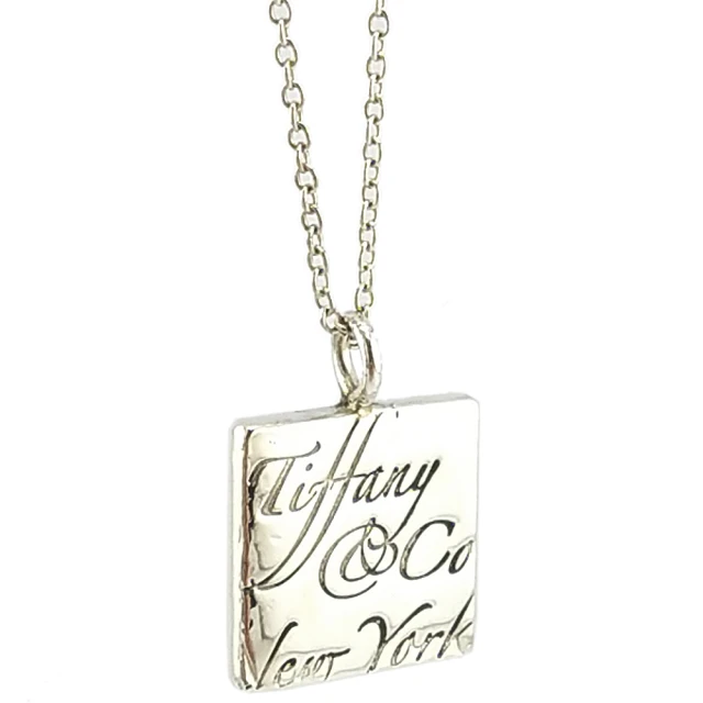 【Tiffany&Co. 蒂芙尼】925純銀-草寫刻字方形信籤墜飾項鍊