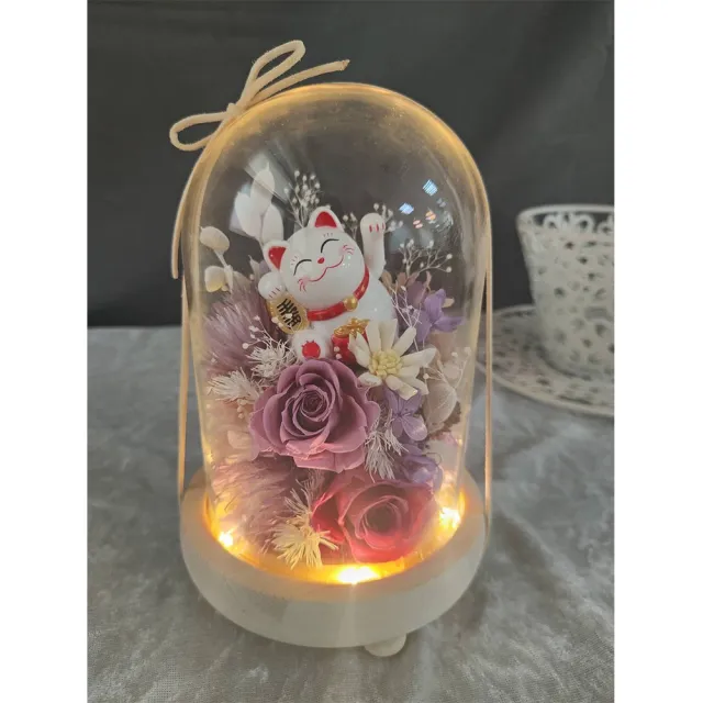 【OSTARA FLORIST 奧斯塔拉花藝】太陽能招財貓永生花罩盅(永生花材、不凋玫瑰、永生配材)