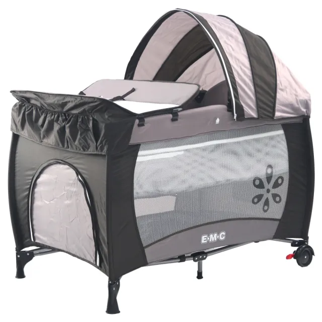 【EMC】雙層安全嬰兒床咖啡色-具遊戲功能(附贈尿布台、遮光罩與蚊帳)