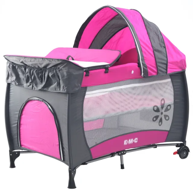 【EMC】雙層安全嬰兒床幸福紅-具遊戲功能(附贈尿布台、遮光罩與蚊帳)