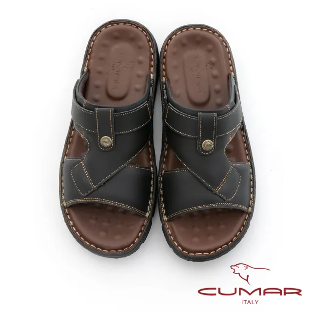 【CUMAR】舒適真皮 彈性大底兩用涼拖鞋(黑色)
