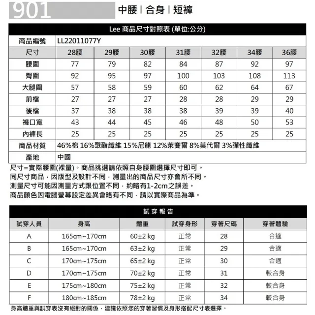 【Lee】出清品-男裝 牛仔短褲 / 涼感 901 合身刷白 淺藍洗水 / Cool Breeze 系列(LL22011077Y)