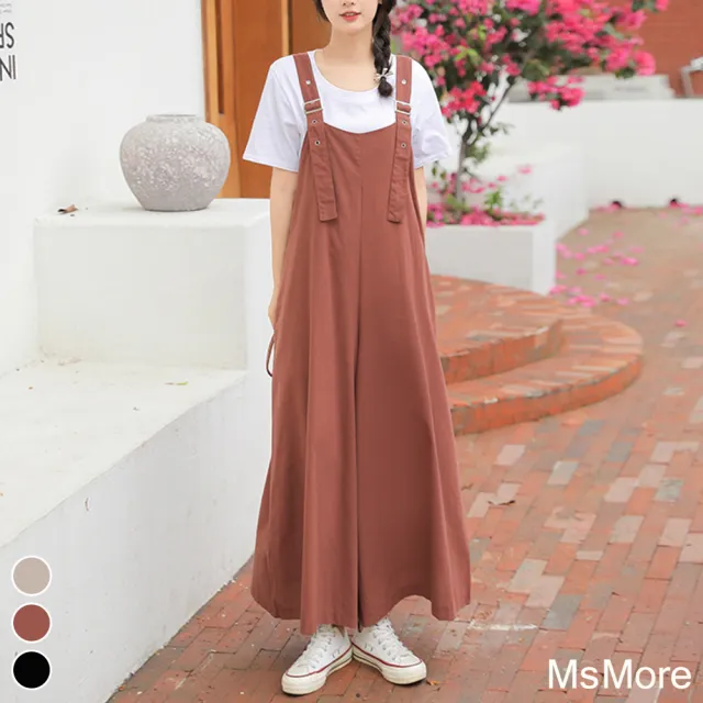 【MsMore】減齡顯瘦寬鬆連身全長寬版吊帶大寬褲#113308現貨+預購(3色)