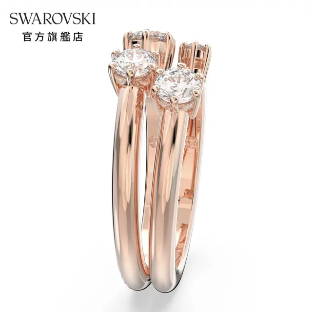【SWAROVSKI 官方直營】Constella 戒指套裝 圓形切割 白色 鍍玫瑰金色調 交換禮物(2 個一組)