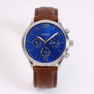 【FOSSIL】FOSSIL 美國最受歡迎頂尖運動時尚三眼造型皮革腕錶-藍+咖啡-BQ2697