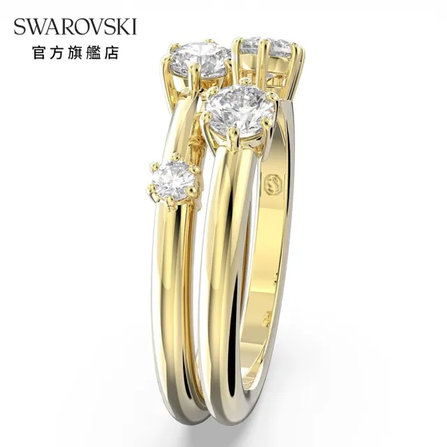 【SWAROVSKI 官方直營】Constella 戒指套裝  圓形切割 白色 鍍金色色調 交換禮物(2 個一組)