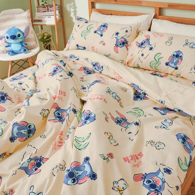 【戀家小舖】台灣製-正版卡通授權枕套床包組三件組-雙人(史迪奇-開心日光浴)