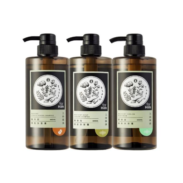 【tsaio 上山採藥】3入組-男性系列洗沐600ml(野薄荷頭皮洗髮&沐浴露+咖啡因養髮洗髮露/贈野薄荷洗顏乳)