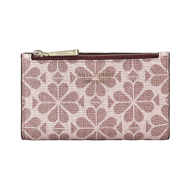 KATE SPADE Kate Spade SPADE FLOWER SLIM金字LOGO黑桃印花PVC 6卡扣式拼色對折錢包(粉紅)