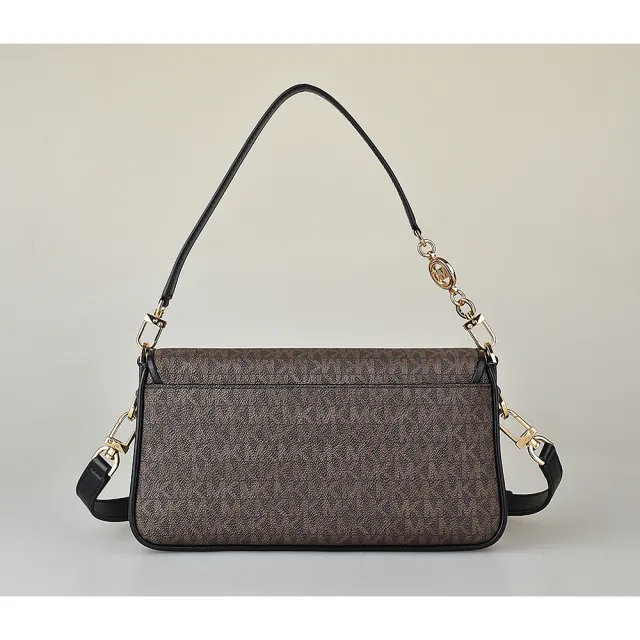 【Michael Kors】MK MICHAEL KORS BRADSHOW金字壓印LOGO印花PVC拼牛皮扣式手提斜背包(小/橡子棕x黑)