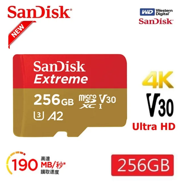 【SanDisk 晟碟】[極速升級 全新版] 256GB Extreme microSDXC V30 A2 記憶卡(讀取190MB/s 原廠永久保固)