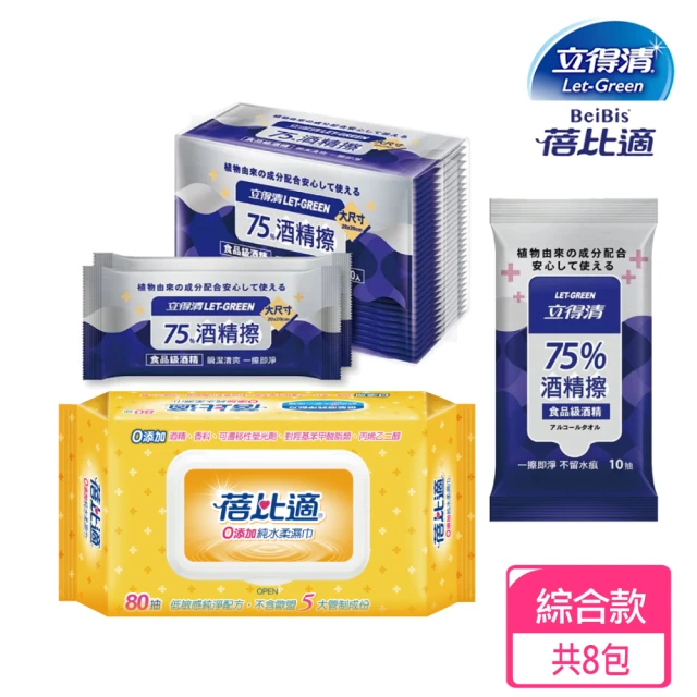 立得清&蓓比適 75%酒精擦30片x2包+10抽x3包+蓓比適純水濕巾80抽x3包(酒精濕巾 濕紙巾)