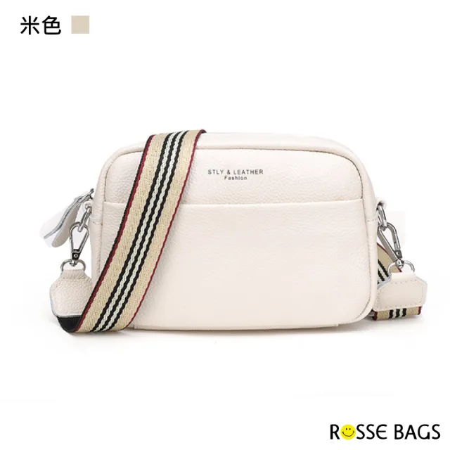 【Rosse Bags】簡約真皮寬肩帶軟皮休閒斜背包(真皮包包 現+預  黑色／米色／綠色)