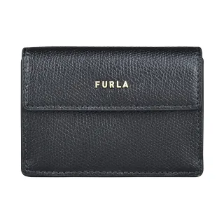 【FURLA 芙拉】FURLA BABYLON經典金字LOGO牛皮搭花卉內裡3卡扣式短夾(小/黑x多色)