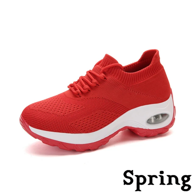 【SPRING】氣墊運動鞋 綁帶運動鞋/繽紛色彩超彈力氣墊舒適飛織綁帶休閒運動鞋(紅)