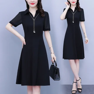 【麗質達人】6106黑色短袖洋裝AA(L-5XL)