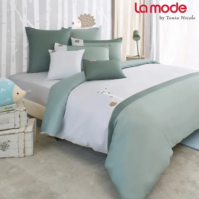 【La mode】環保印染100%精梳棉刺繡兩用被床包組-刺蝟漫步(雙人)