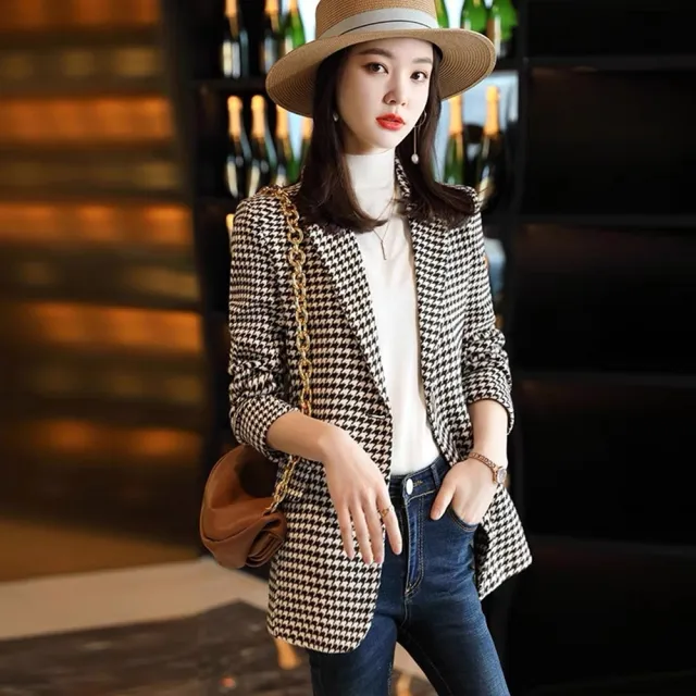 【米蘭精品】現貨+預購 西裝外套休閒西服(千鳥格修身中長款春秋女外套74co35)