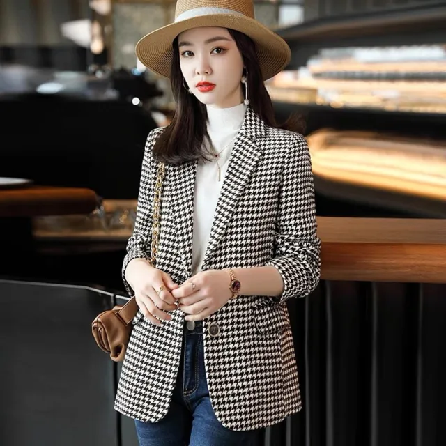 【米蘭精品】現貨+預購 西裝外套休閒西服(千鳥格修身中長款春秋女外套74co35)
