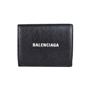 【Balenciaga 巴黎世家】CASH經典白字LOGO牛皮拉鍊零錢扣式三折短夾(黑x白字)