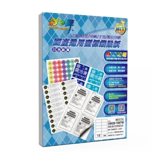 【彩之舞】國產通用型標籤貼紙 100張/包 12格直角 U6620-100TW(貼紙、標籤紙、A4)