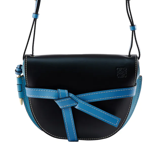 【LOEWE 羅威】Gate SMALL BAG撞色滑面牛皮翻蓋斜背馬鞍包(黑/水藍)