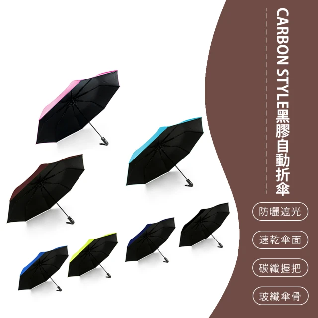 【SONA森那家居】卡夢CARBON STYLE黑膠自動折傘  款式隨機(防風傘骨/速乾傘面/碳纖紋路握把/玻纖傘骨)