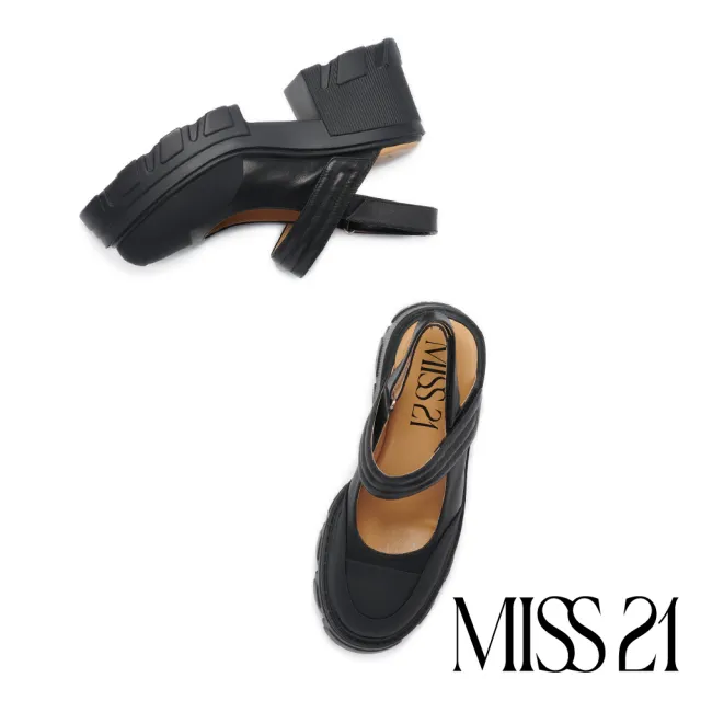 【MISS 21】荒野少女率性拼接蓬蓬條帶牛皮厚底鞋(黑)