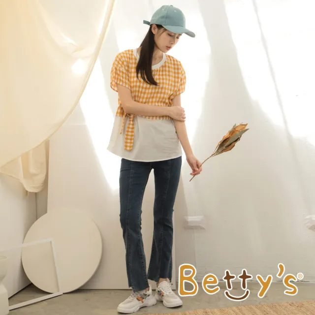 【betty’s 貝蒂思】假兩件格子綁帶上衣(深黃)