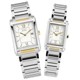 【CITIZEN 星辰】光動能 復古方型 羅馬刻度 不鏽鋼手錶 情人對錶 白色 26mm+18mm(FRA59-2432.FRA36-2432)