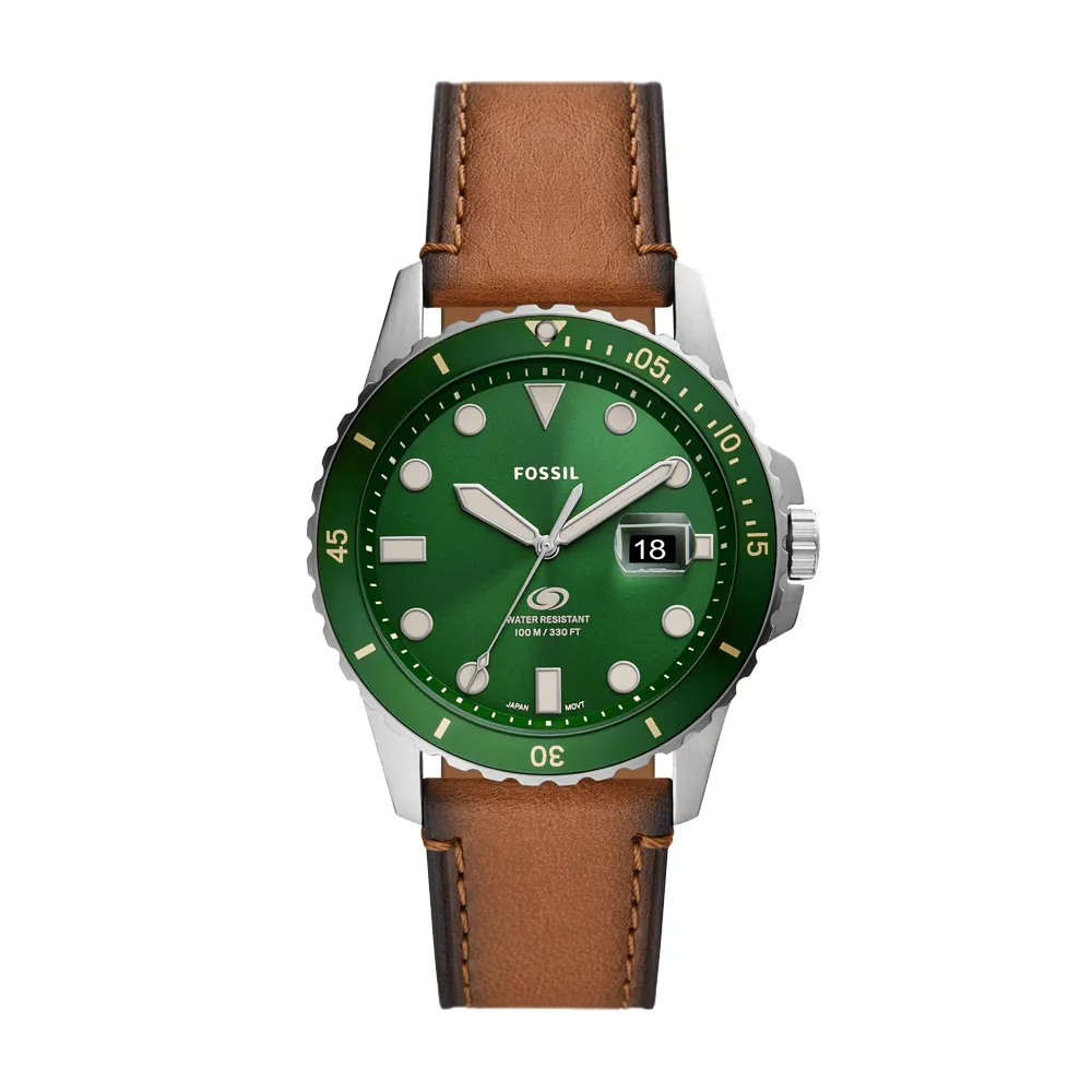 【FOSSIL】個性型男皮革時尚腕錶-咖啡X綠(FS5946)