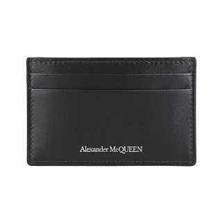【ALEXANDER MCQUEEN】ALEXANDER McQUEEN白字LOGO小牛皮4卡開口式卡夾包(黑)