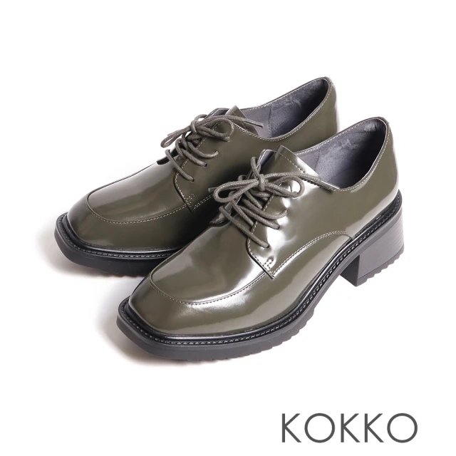 KOKKO 集團 英倫風亮皮微寬楦綁帶厚底鞋(墨綠色)