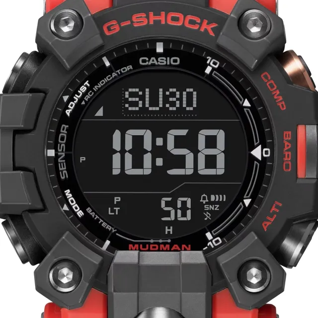 【CASIO 卡西歐】G-SHOCK 電波 太陽能 防塵泥 雙層LCD顯示 三重感應器 酷黑紅 GW-9500-1A4_52.7mm