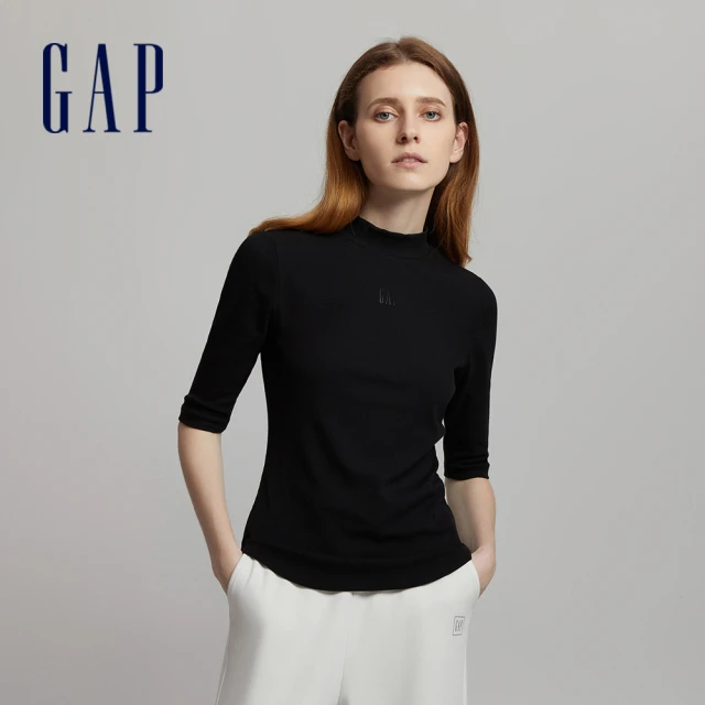 GAP 女裝 Logo立領針織七分袖T恤 女友T系列-黑色(798780)