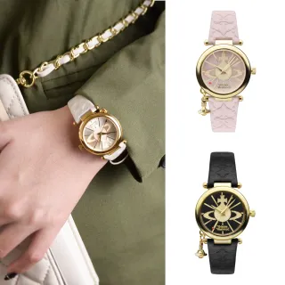 【Vivienne Westwood】金框 皮革錶帶 小裝飾設計 小錶盤 女錶 手錶 32mm 情人節(共3款)