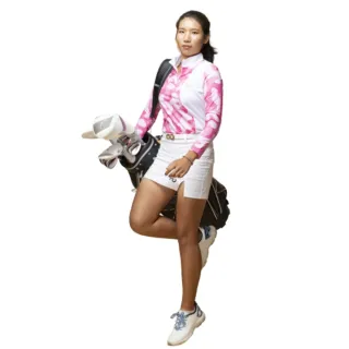 【IM8】高爾夫Polo衫(女 上衣 白底 粉紅 長袖)