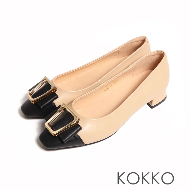 【KOKKO 集團】金屬飾扣氣質拼接方頭低跟包鞋(卡其色)